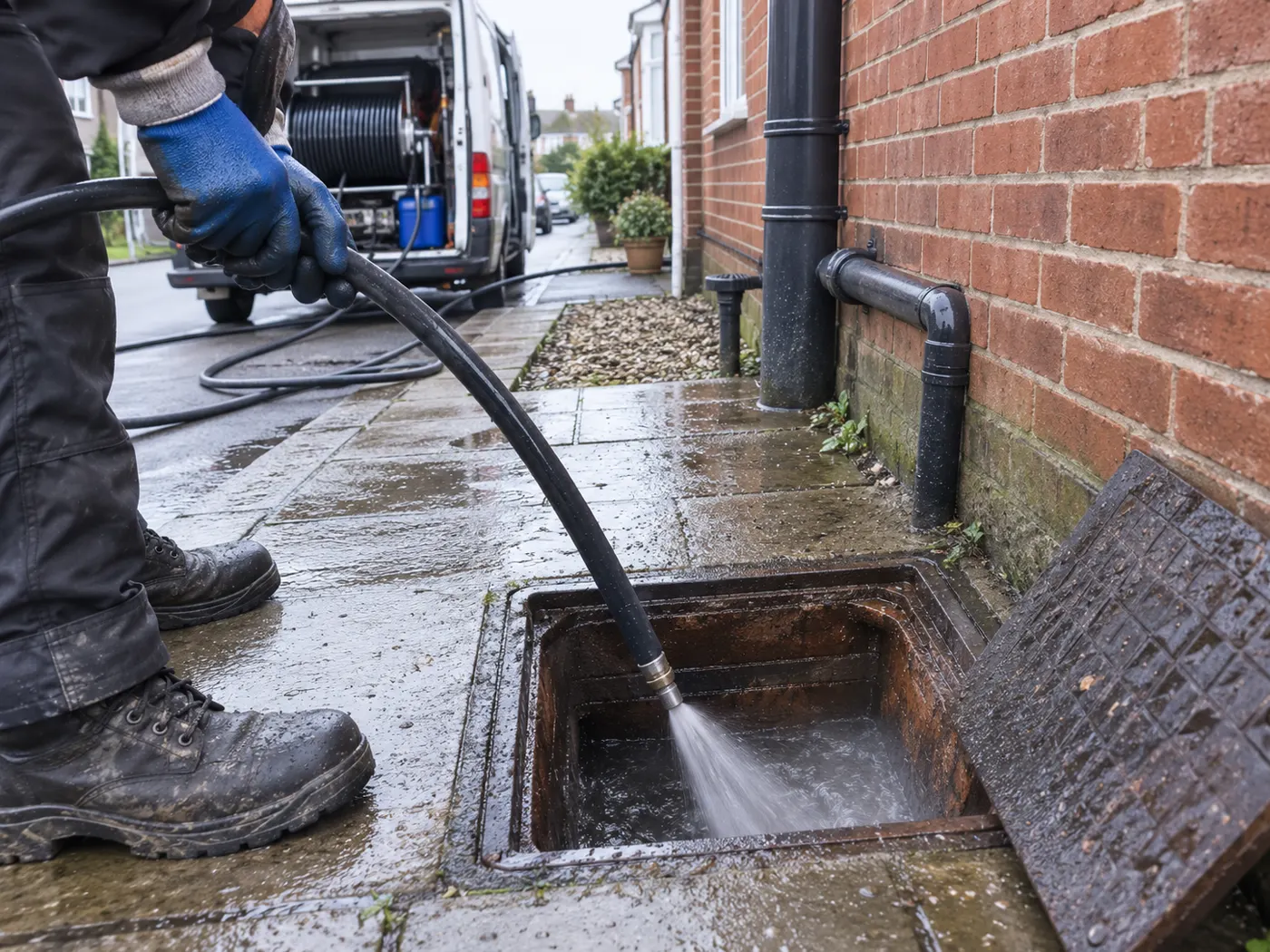 Drain jetting equipment clearing a blocked external drain at a property in Greater Manchester