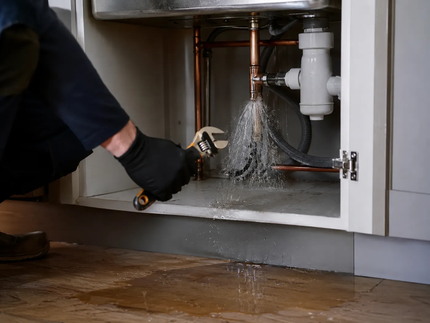 Emergency plumber repairing a burst water pipe leak on a call-out in Oldham